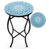 Bijzettafel met Mozaïek voor Buiten Kleine 35 cm Ronde Salontafel met Keramisch Tegelblad Plantenstandaard Blauw