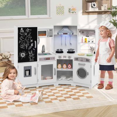 Houten Kinderkeuken met Licht en Geluid Hoek Speelkeuken met Krijtbord Magnetron en Gootsteen Houten Keuken Wit