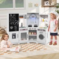 Houten Kinderkeuken met Licht en Geluid Hoek Speelkeuken met Krijtbord Magnetron en Gootsteen Houten Keuken Wit