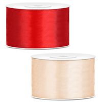 Sierlinten/cadeaulinten/satijnen linten - Set 2x stuks - rood en creme wit - 38 mm x 25 meter