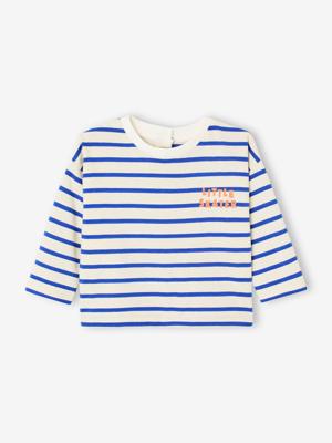 Gestroomd T-shirt met drukknoopjes op de rug voor baby's in biologisch katoen felblauw