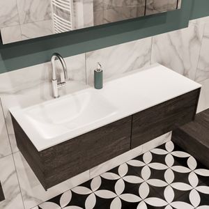Mondiaz Lush Cloud badmeubel eiken donker bruin 120 cm 2 lades solid surface enkele spoelbak links 1 kraangat