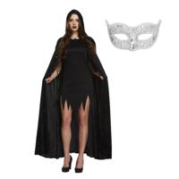 Halloween gemaskerd bal verkleedset - Oogmasker zilver - Lange cape met capuchon zwart - volwassenen Halloween gemaskerd bal verkleedset - Oogmasker zilver - Lange cape met capuchon zwart - volwassenen