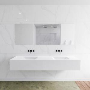 Mondiaz Lagom Cloud White badmeubel wit mat 200 cm 2 lades solid surface dubbele spoelbak zonder kraangat