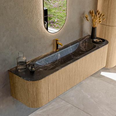 Mondiaz KURVE-DLUX 170 cm Onderkast Greeploos 1 Lade Met Deuren Oak, Wastafel Solid Surface Midden Lava 1 Kraangat Zonder Spiegel (KRVBGL170L+R1L2D1KM-Oak/Lav)