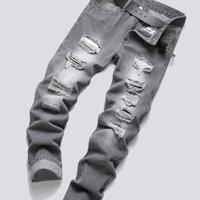 Men's Ripped Distressed Denim Jeans - Black Slim Fit Skinny Grey / 38