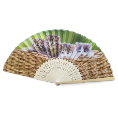 Spaanse handwaaier - kittens/poezen print - hout/polyester - 38 x 21 cm