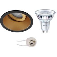 LED Spot Set - Pragmi Zano Pro - GU10 Fitting - Inbouw Rond - Mat Zwart/Goud - Kantelbaar - Ø93mm - Philips - CorePro 840 36D - 3.5W - Natuurlijk Wit 4000K