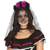 Halloween thema diadeem met bloemen en sluier - one size - zwart/roze - meisjes/dames