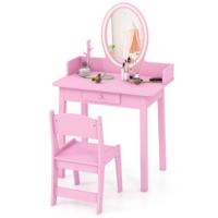 2-In-1 Kindermake-Uptafel met Kruk Kaptafel met Verlichting Kaptafel van Hout met Lade en Sieradenorganizer Make-Uptafel Prinses (Roze)