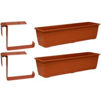 Set van 3 kunststof plantenbakken terracotta rechthoekig 60 cm met 6 verstelbare railing beugels