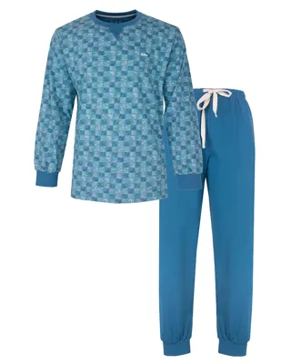M.E.Q. Heren pyjama lange mouwen katoen - Aqua Squares