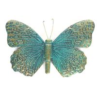 1x Turquoise/goud metalen tuindecoratie vlinder 31 cm   -