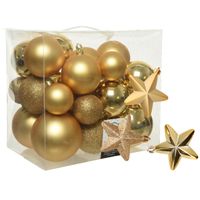 Pakket 32x stuks kunststof kerstballen en sterren ornamenten goud - thumbnail