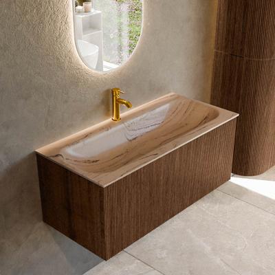 Badmeubel Mondiaz Kurve-Dlux | 100 cm | Meubelkleur Walnut | Wastafelkleur Arena | Solid surface | Wasbak midden spoelbak | 1 kraangat