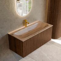Badmeubel Mondiaz Kurve-Dlux | 100 cm | Meubelkleur Walnut | Wastafelkleur Arena | Solid surface | Wasbak midden spoelbak | 1 kraangat