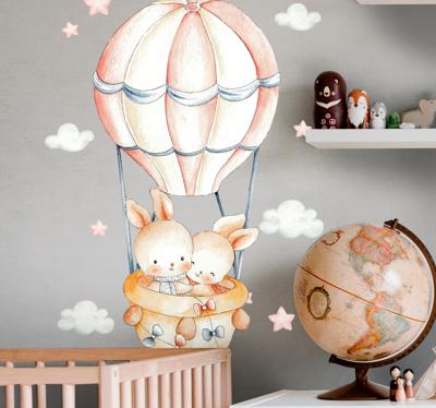 Muursticker kinderkamer dieren konijntjes op luchtballonnen