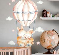 Muursticker kinderkamer dieren konijntjes op luchtballonnen