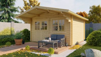 Tuindeco Stian Blokhut 400x400 cm + luifel 140 cm 58 mm vuren blank- Zadeldak- Onbehandeld vurenhout- Tuindeco