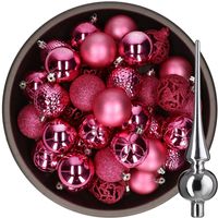 37x stuks kunststof kerstballen fuchsia roze 6 cm incl. glazen piek zilver