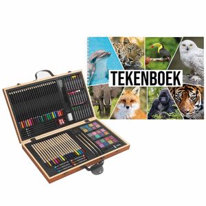 Complete teken/schilder doos 88-delig met een A4 Dieren schetsboek   -