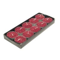 Theelichtjes/waxinelichtjes kaarsjes - 10x st - rood glitters - 3,5 cm