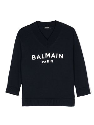 Balmain Kids pull à logo en intarsia - Bleu
