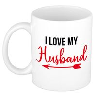 I love my husband cadeau koffiemok / theebeker wit met pijl 300 ml - feest mokken - thumbnail