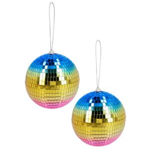 Disco spiegel bal - 2x - rond - regenboog - Dia 15 cm - Seventies/eighties thema versiering