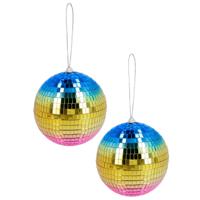 Disco spiegel bal - 2x - rond - regenboog - Dia 15 cm - Seventies/eighties thema versiering - thumbnail