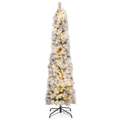 180 cm Potlood-Kerstboom met Sneeuw Kunstkerstboom met Verlichting 150 Leds in Warmwit Smalle Kerstboom Kunstboom van PVC Wit