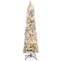 180 cm Potlood-Kerstboom met Sneeuw Kunstkerstboom met Verlichting 150 Leds in Warmwit Smalle Kerstboom Kunstboom van PVC Wit