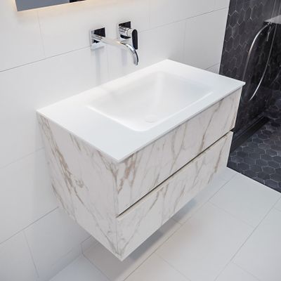 Mondiaz Vica Cloud badmeubel wit carrara mat 80 cm 2 lades solid surface enkele spoelbak midden zonder kraangat