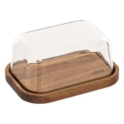 5Five botervloot - acacia hout - glas - 18 x 13 cm - bruin/transparant