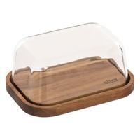5Five botervloot - acacia hout - glas - 18 x 13 cm - bruin/transparant