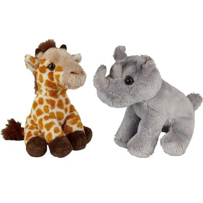 Ravensden - Safari dieren knuffels - 2x stuks - Giraffe en Neushoorn - 15 cm - Dieren knuffels