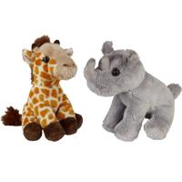Ravensden - Safari dieren knuffels - 2x stuks - Giraffe en Neushoorn - 15 cm - Dieren knuffels