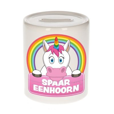 Vrolijke eenhoorn spaarpotten 9 cm