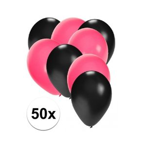 50x ballonnen - 27 cm - zwart / roze versiering