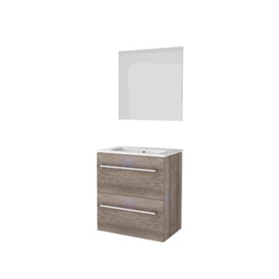 Basic-Line Ultimate 39 Badkamermeubelset - Ondiep - 60 x 39 cm - Met Grepen - 2 Lades - Keramische Wastafel - 1 Kraangat - Spiegel met Indirecte LED Verlichting - Scotch Oak