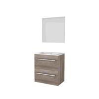 Basic-Line Ultimate 39 Badkamermeubelset - Ondiep - 60 x 39 cm - Met Grepen - 2 Lades - Keramische Wastafel - 1 Kraangat - Spiegel met Indirecte LED Verlichting - Scotch Oak