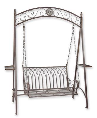 A TWO-SEAT BROWN IRON SWINGBENCH