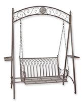 A TWO-SEAT BROWN IRON SWINGBENCH