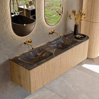 Mondiaz KURVE-DLUX 155 cm Onderkast Greeploos 2 Lades Met Deuren Oak, Wastafel Solid Surface Links Lava 0 Kraangaten Zonder Spiegel (KRVLEA155R2L1D0KD-Oak/Lav)
