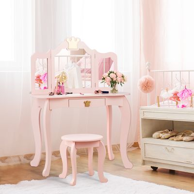 Kaptafel en Kruk voor Kinderen met Inklapbare Spiegel en Lade Houten kaptafelset met 3 Accessoires & Schattige Kroonpatronen Roze