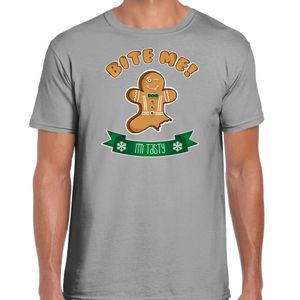 Fout kersttrui t-shirt voor heren - Gingerbread koekemannetje - grijs - Bite Me