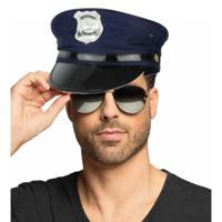 Carnaval verkleed politiepet - met spiegel zonnebril - blauw - heren/dames - verkleedkleding - thumbnail