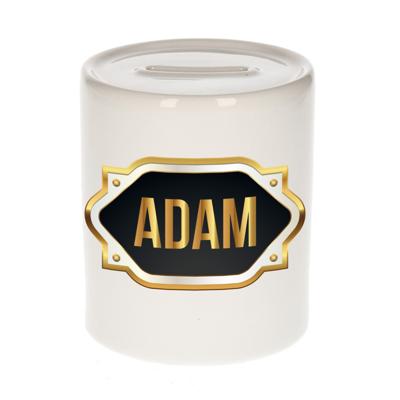 Spaarpot met voornaam Adam - wit - goud/zwart embleem - 8 x 9 cm - keramiek - afsluitdop Spaarpot met voornaam Adam - wit - goud/zwart embleem - 8 x 9 cm - keramiek - afsluitdop