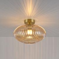 Plafondlamp Ovale ambra - E27-fitting - Bol van geribbeld amberkleurig glas - Vulkaanvormige gouden drager - IP20 voor binnen