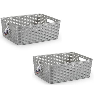 Opbergmand - 2x - Kastmand - rotan kunststof - zilver - 12 Liter - 30 x 37 x 13 cm